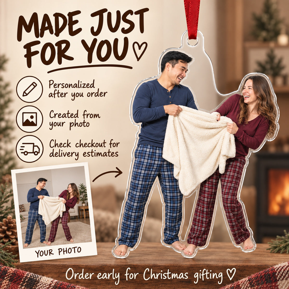 Custom Photo Couple Blanket Battle Acrylic Ornament — Production and delivery