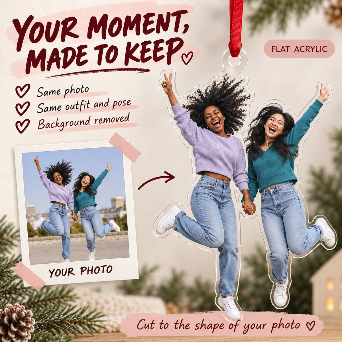 Custom Photo Bestie Jump Acrylic Ornament — Personalization example