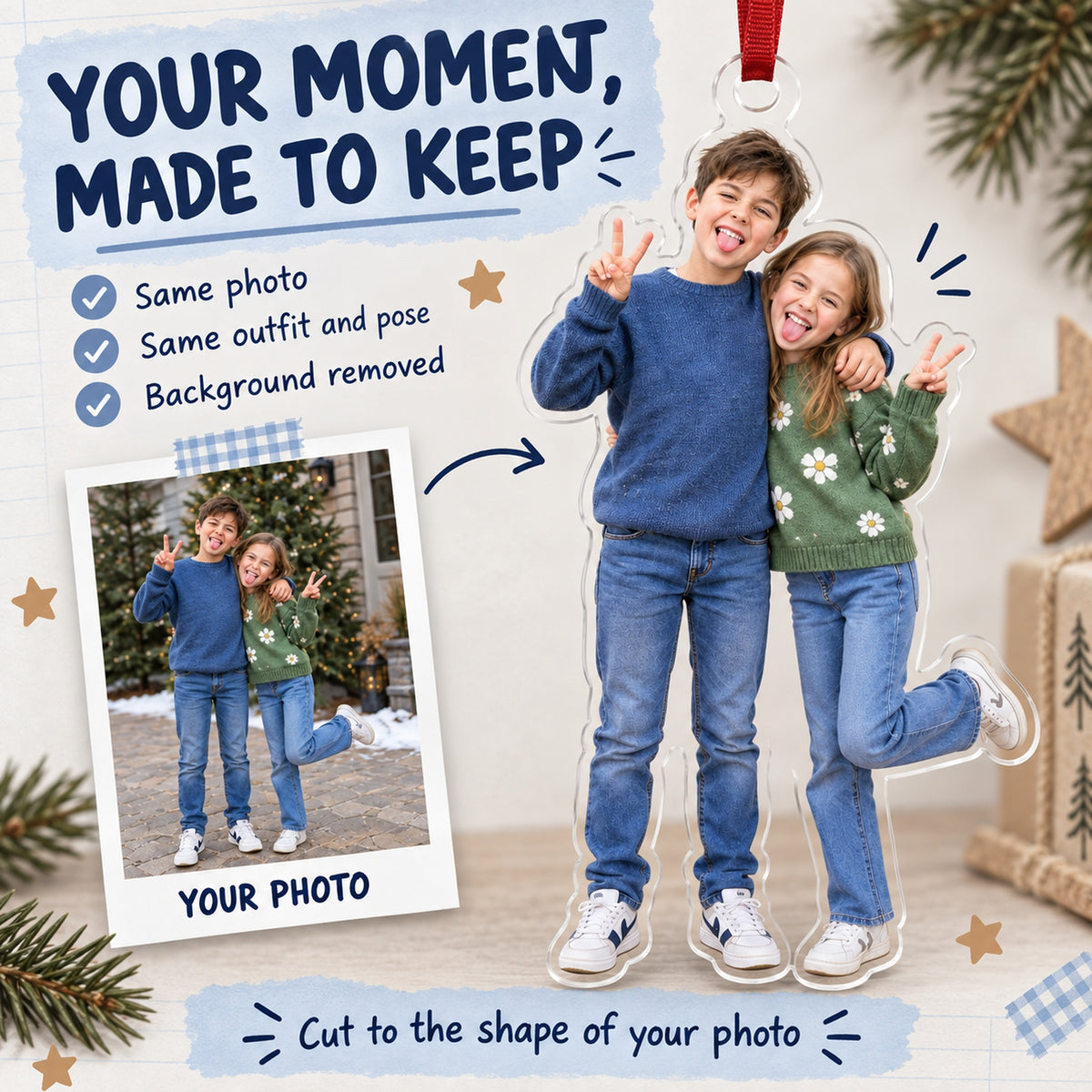 Custom Photo Sibling Silly Pose Acrylic Ornament — Personalization example