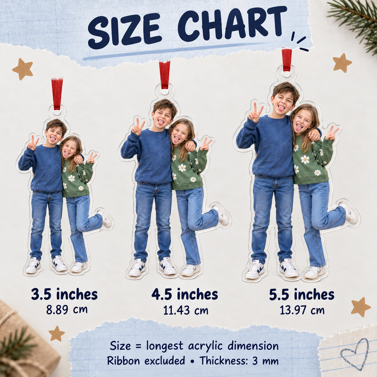 Custom Photo Sibling Silly Pose Acrylic Ornament — Size guide
