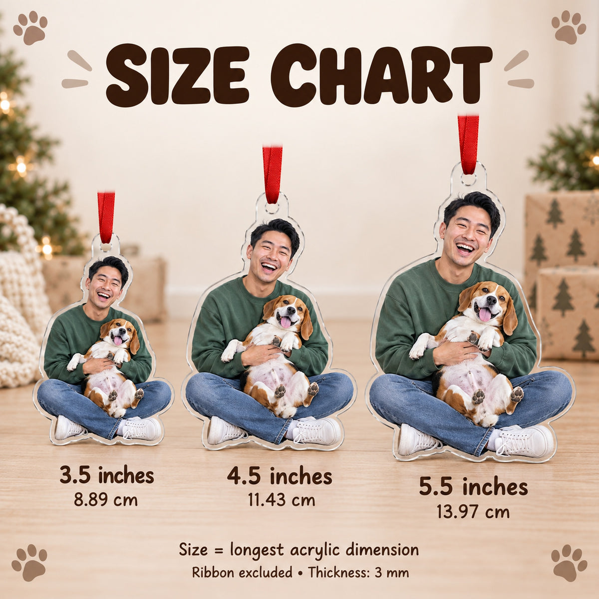 Custom Photo Dog and Dad Moment Acrylic Ornament — Size guide
