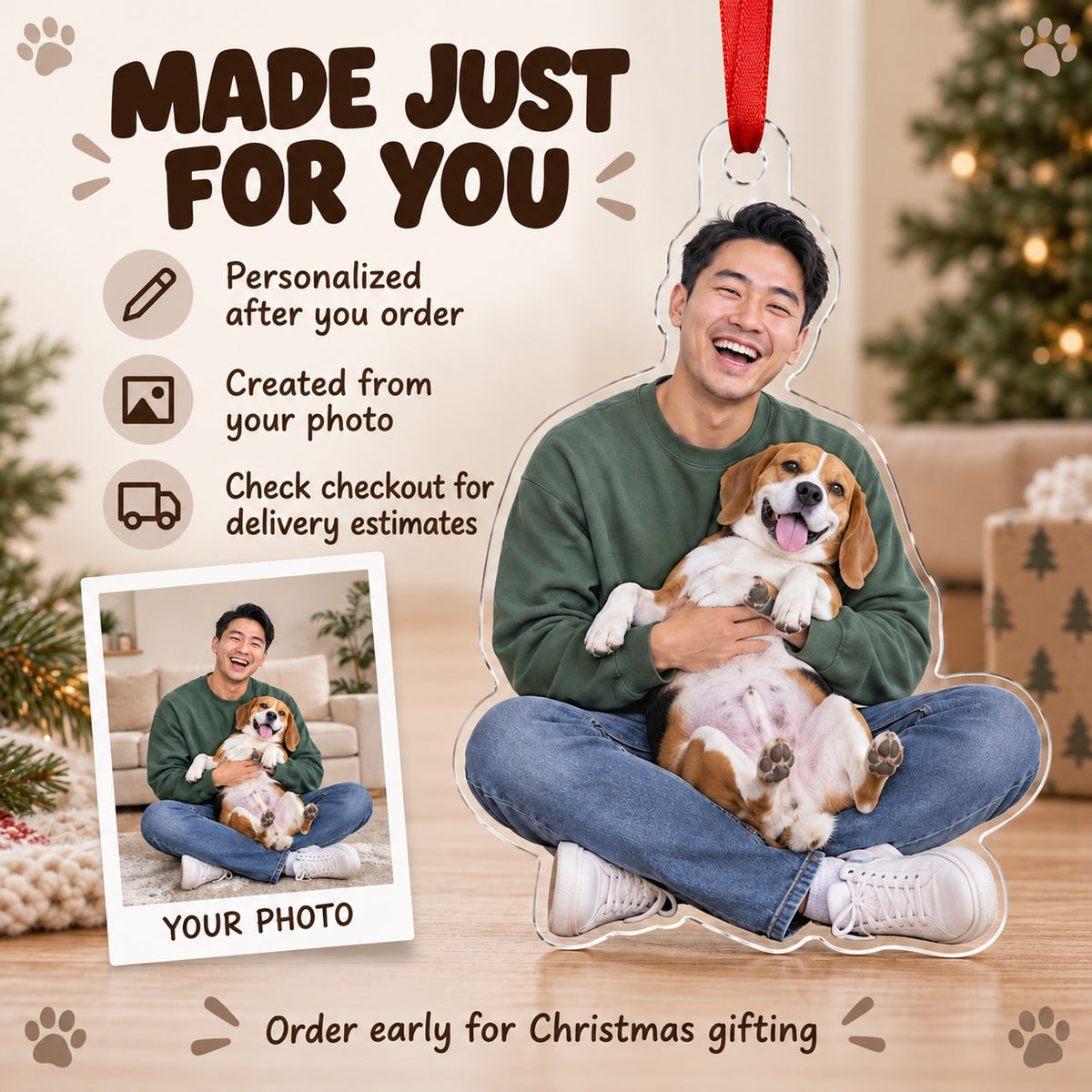 Custom Photo Dog and Dad Moment Acrylic Ornament — Production and delivery