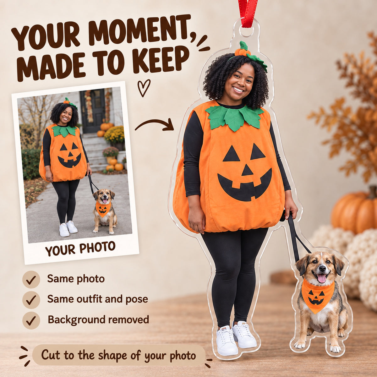 Custom Photo Pet and Owner Costume Acrylic Ornament — Personalization example