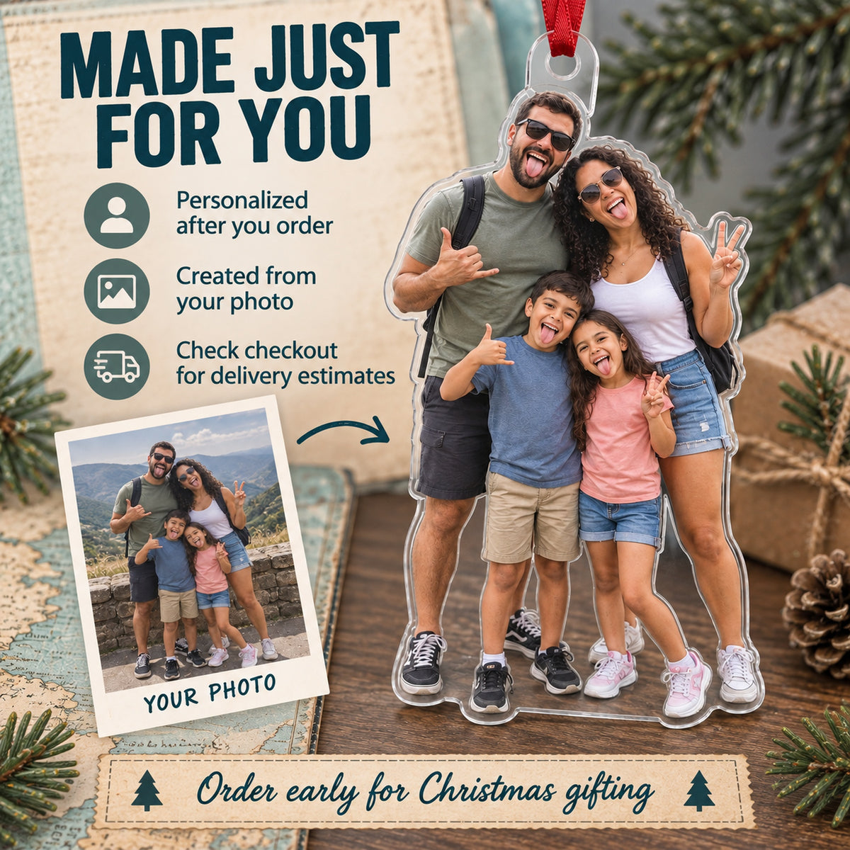Custom Photo Family Funny Vacation Acrylic Ornament — Production and delivery