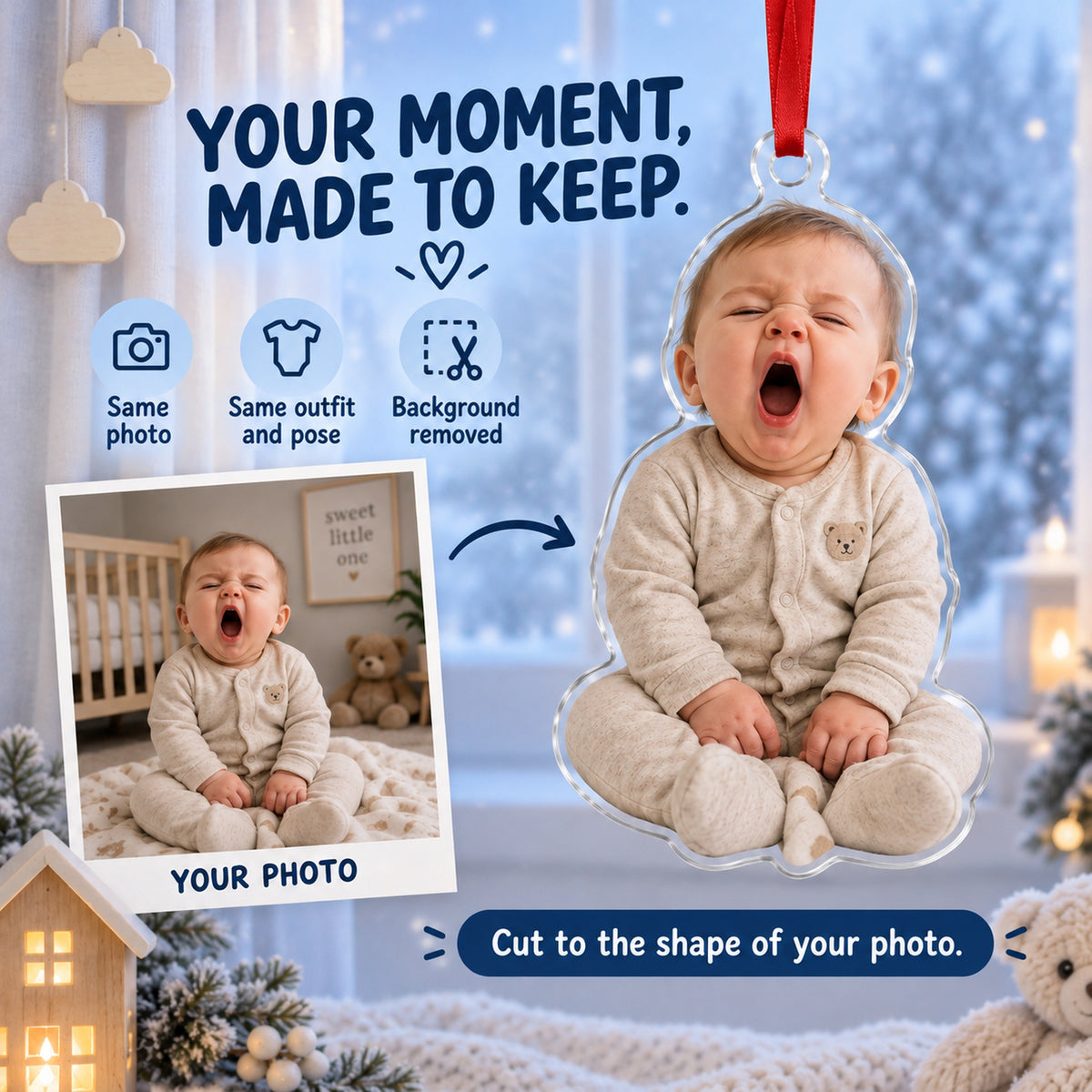 Custom Photo First Christmas Yawn Acrylic Ornament — Personalization example