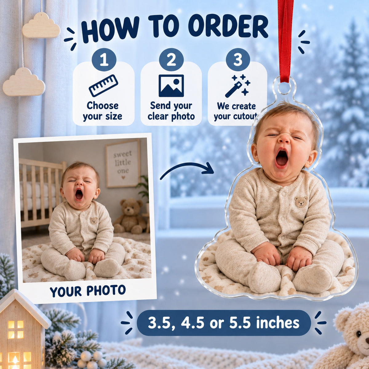 Custom Photo First Christmas Yawn Acrylic Ornament — How to order