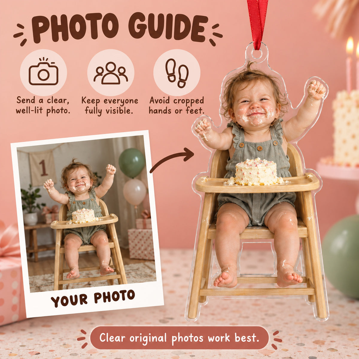 Custom Photo Cake Smash Grin Acrylic Ornament — Personalization guide