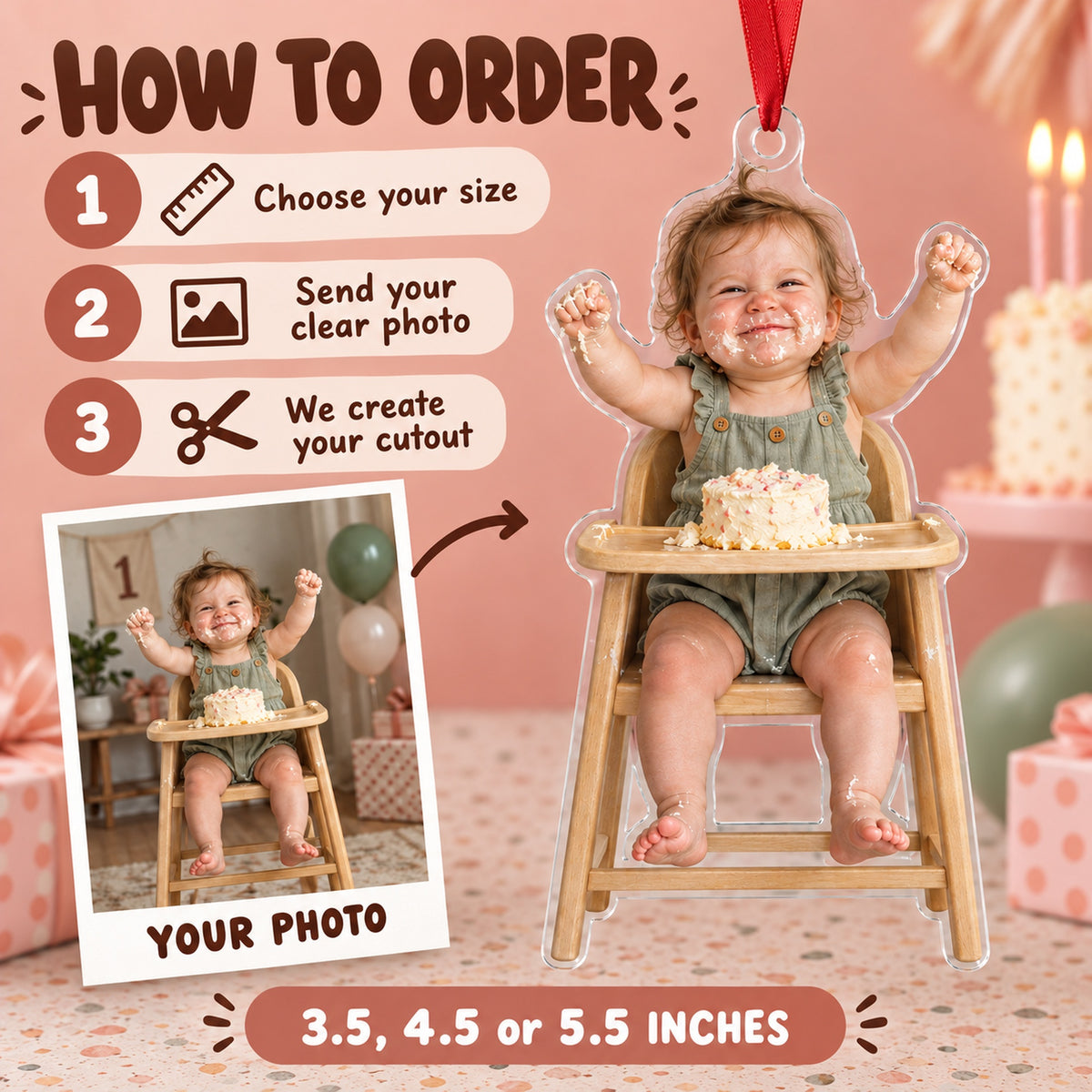 Custom Photo Cake Smash Grin Acrylic Ornament — How to order