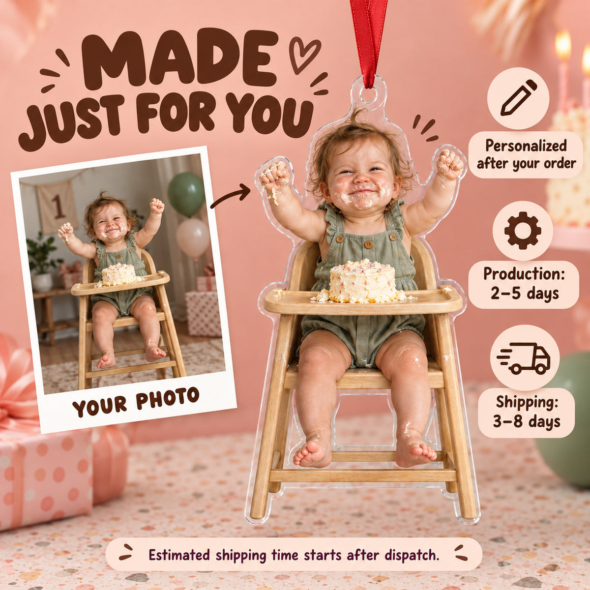 Custom Photo Cake Smash Grin Acrylic Ornament — Production and delivery