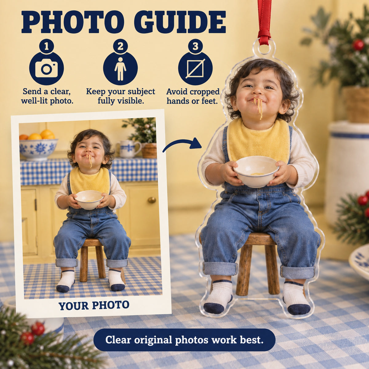 Custom Photo Spaghetti Mustache Acrylic Ornament — Personalization guide