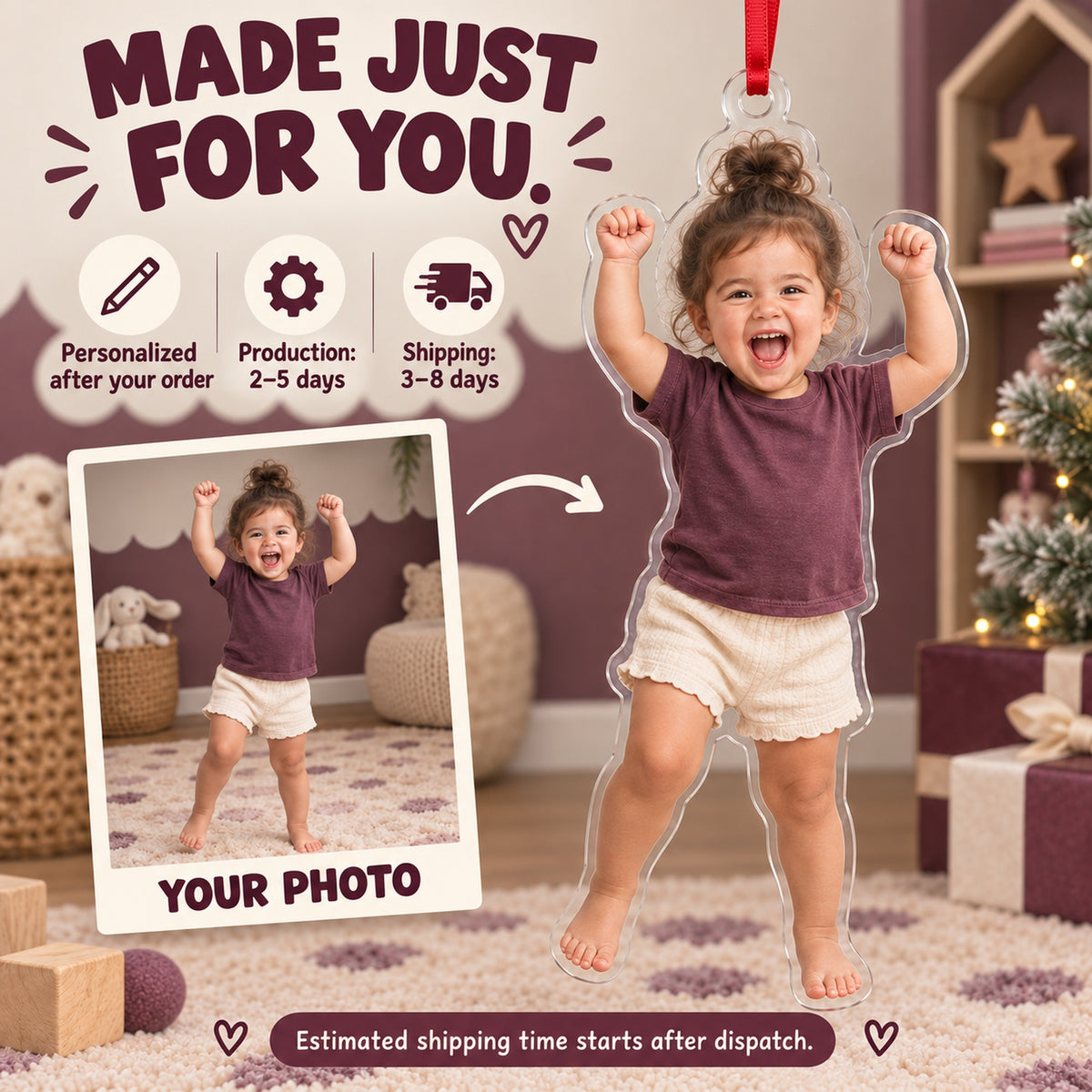 Custom Photo Toddler Victory Dance Acrylic Ornament — Production and delivery