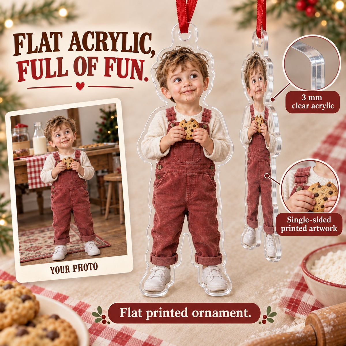 Custom Photo Cookie Caught Acrylic Ornament — Flat acrylic material