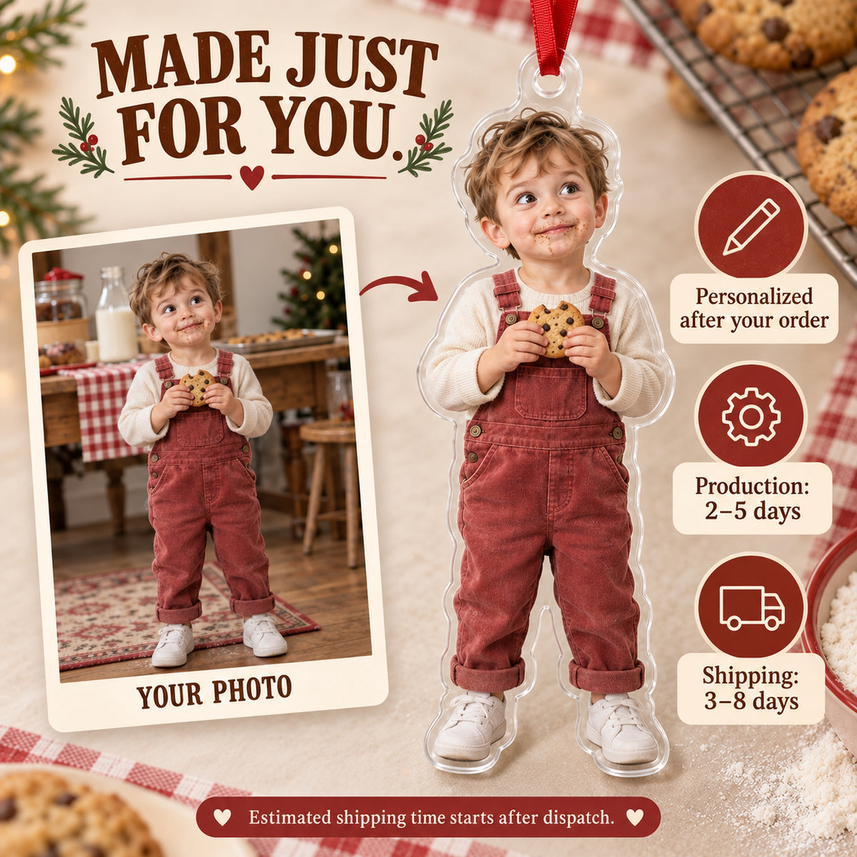 Custom Photo Cookie Caught Acrylic Ornament — Production and delivery