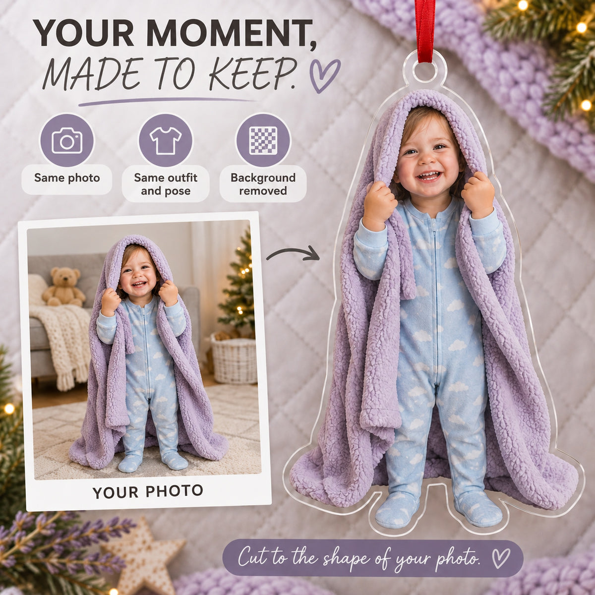Custom Photo Peekaboo Blanket Acrylic Ornament — Personalization example