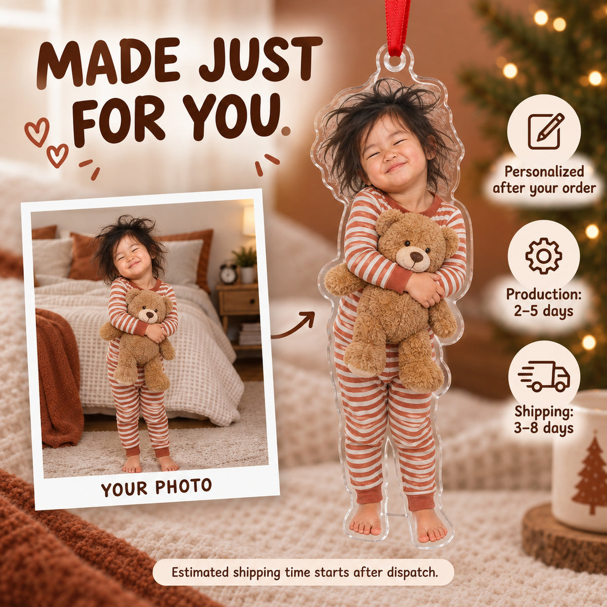 Custom Photo Bedhead Morning Acrylic Ornament — Production and delivery