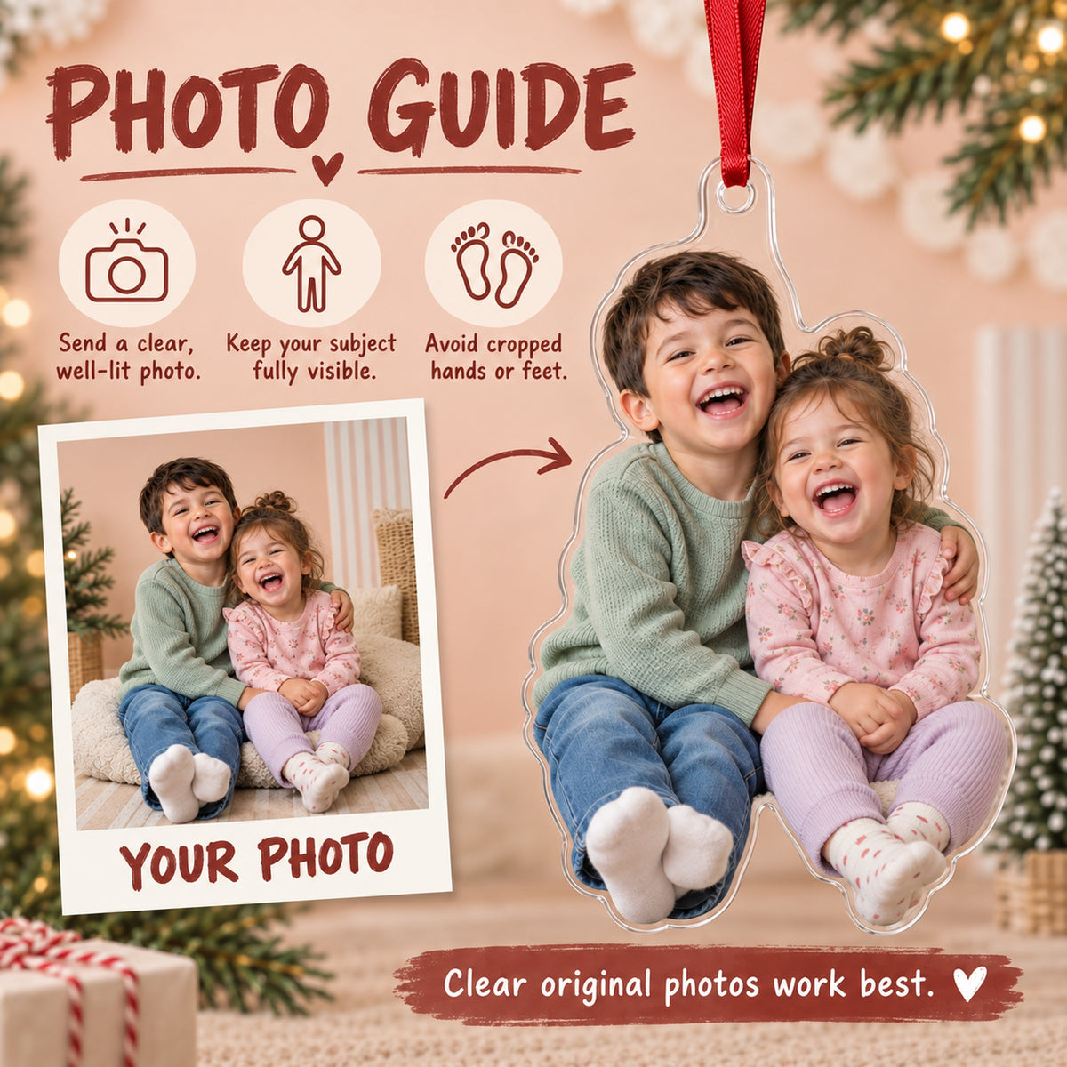Custom Photo Sibling Giggle Pile Acrylic Ornament — Personalization guide