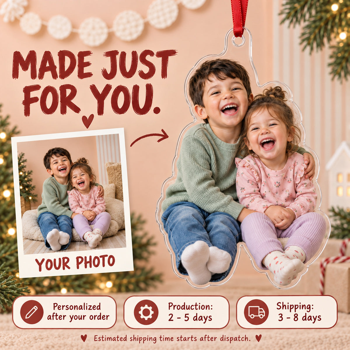 Custom Photo Sibling Giggle Pile Acrylic Ornament — Production and delivery