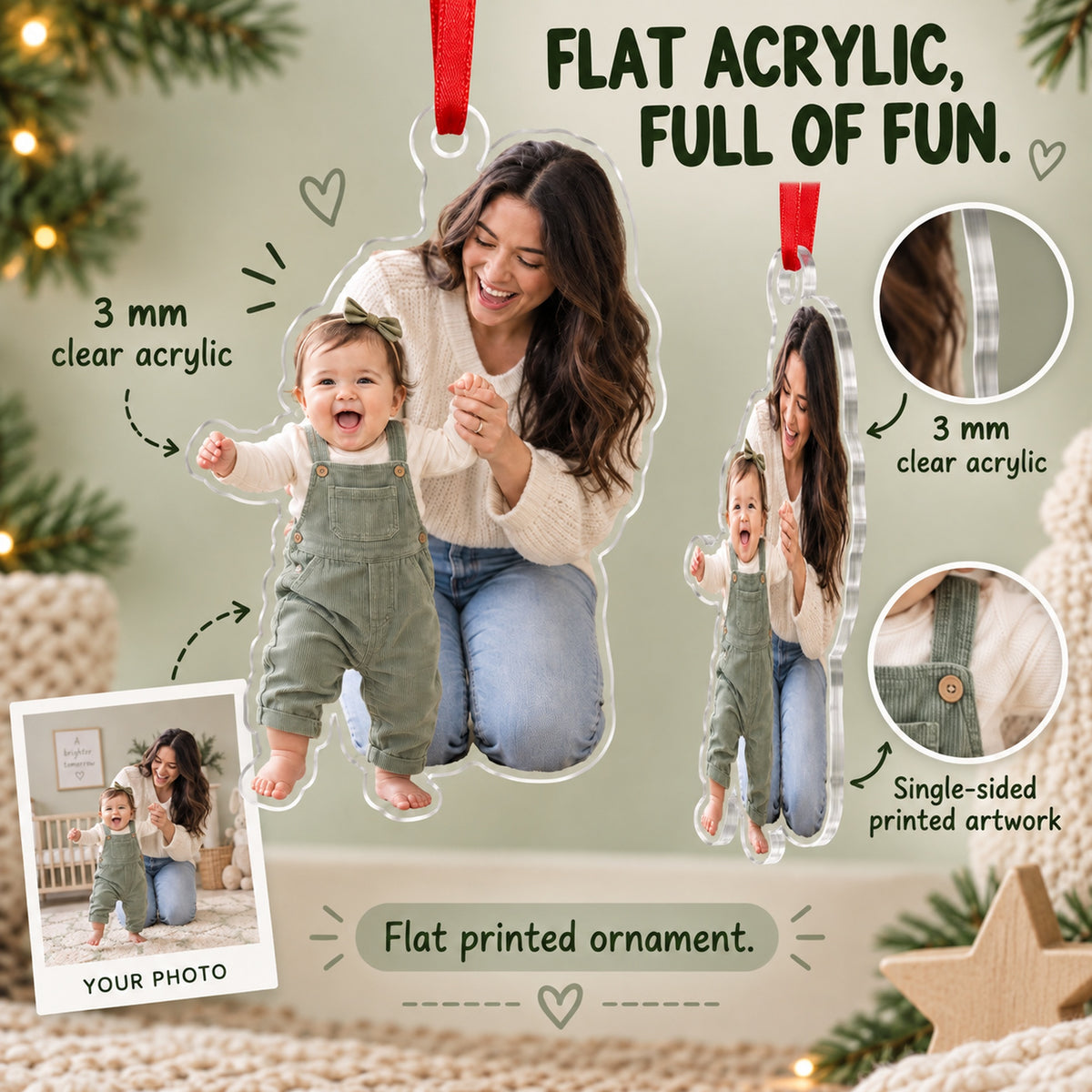 Custom Photo First Steps Ta Da Acrylic Ornament — Flat acrylic material