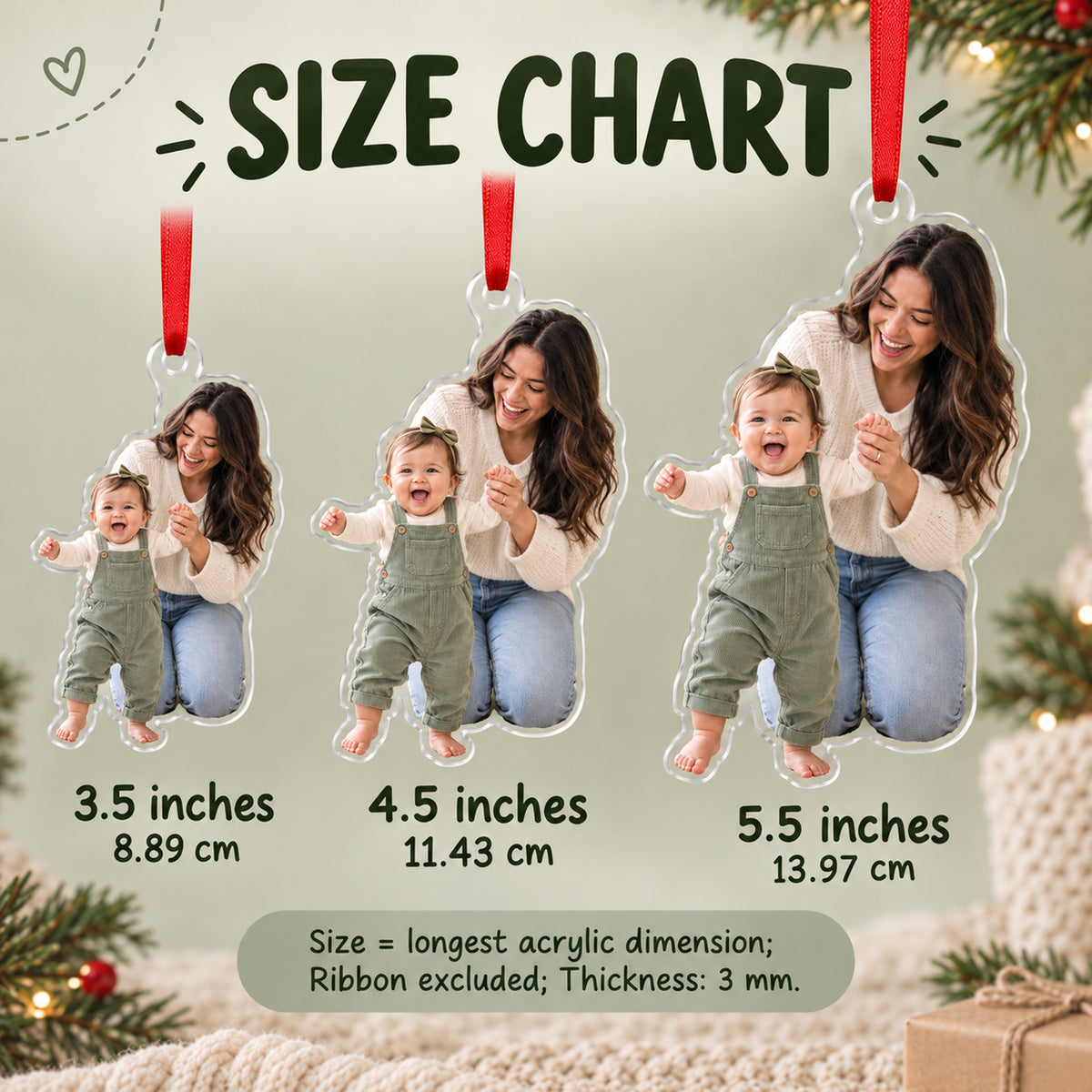 Custom Photo First Steps Ta Da Acrylic Ornament — Size guide