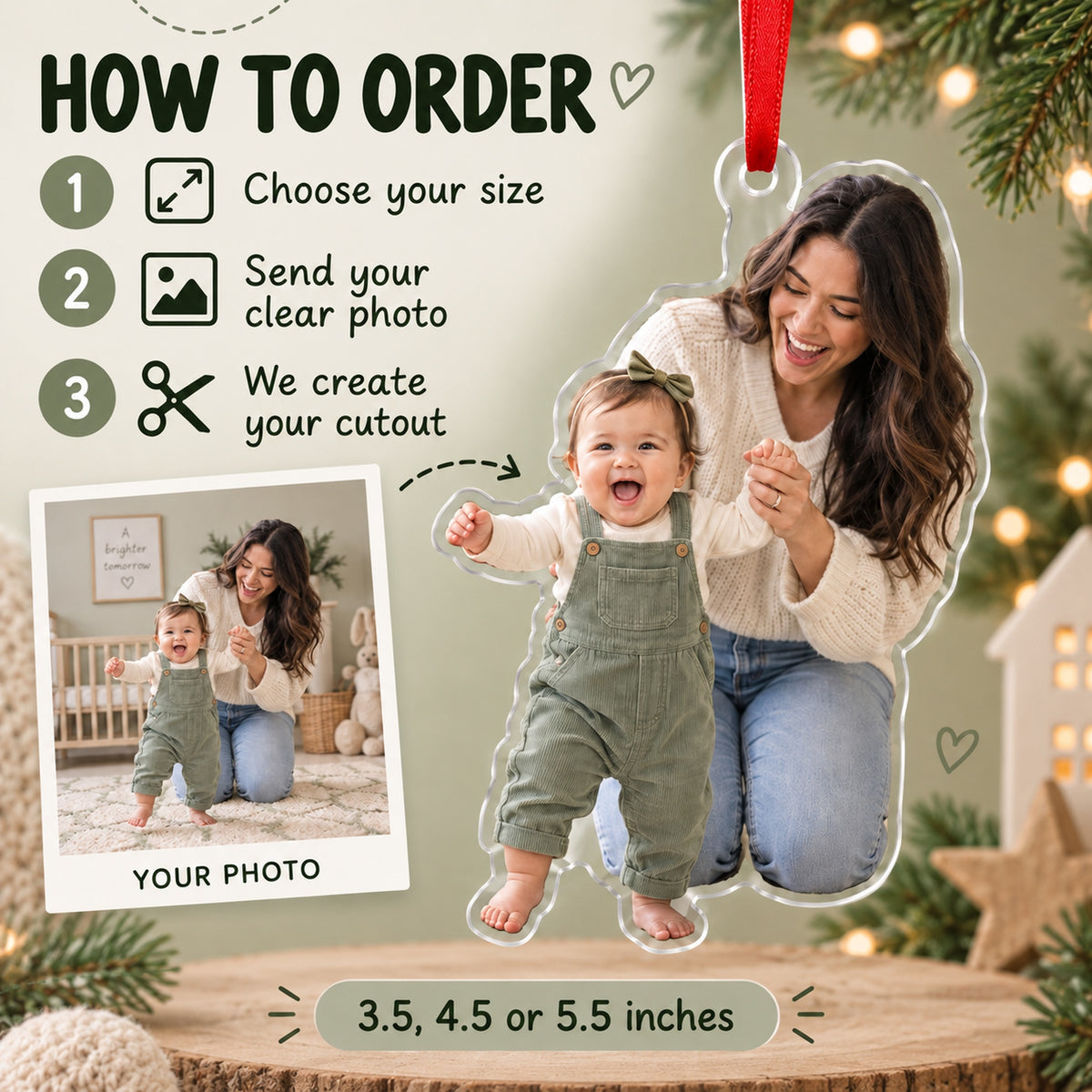 Custom Photo First Steps Ta Da Acrylic Ornament — How to order