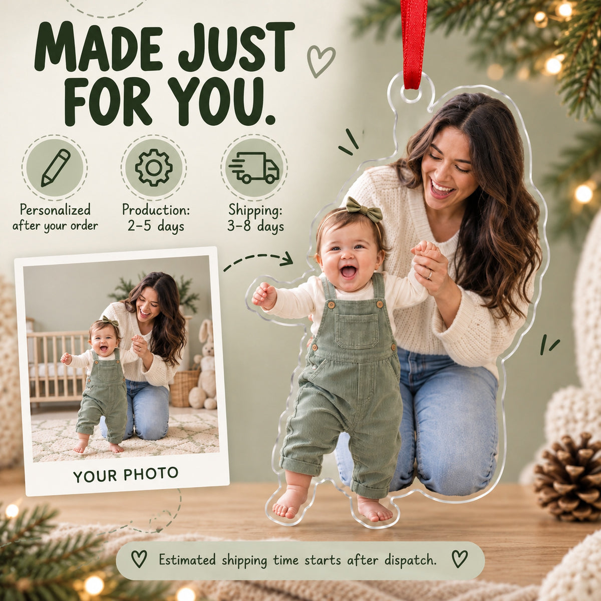 Custom Photo First Steps Ta Da Acrylic Ornament — Production and delivery