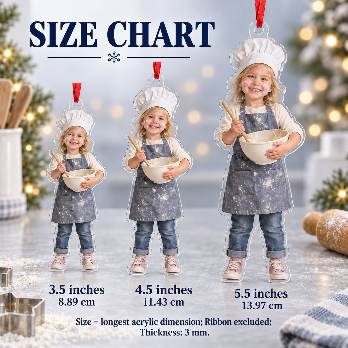 Custom Photo Mini Chef Flour Acrylic Ornament — Size guide