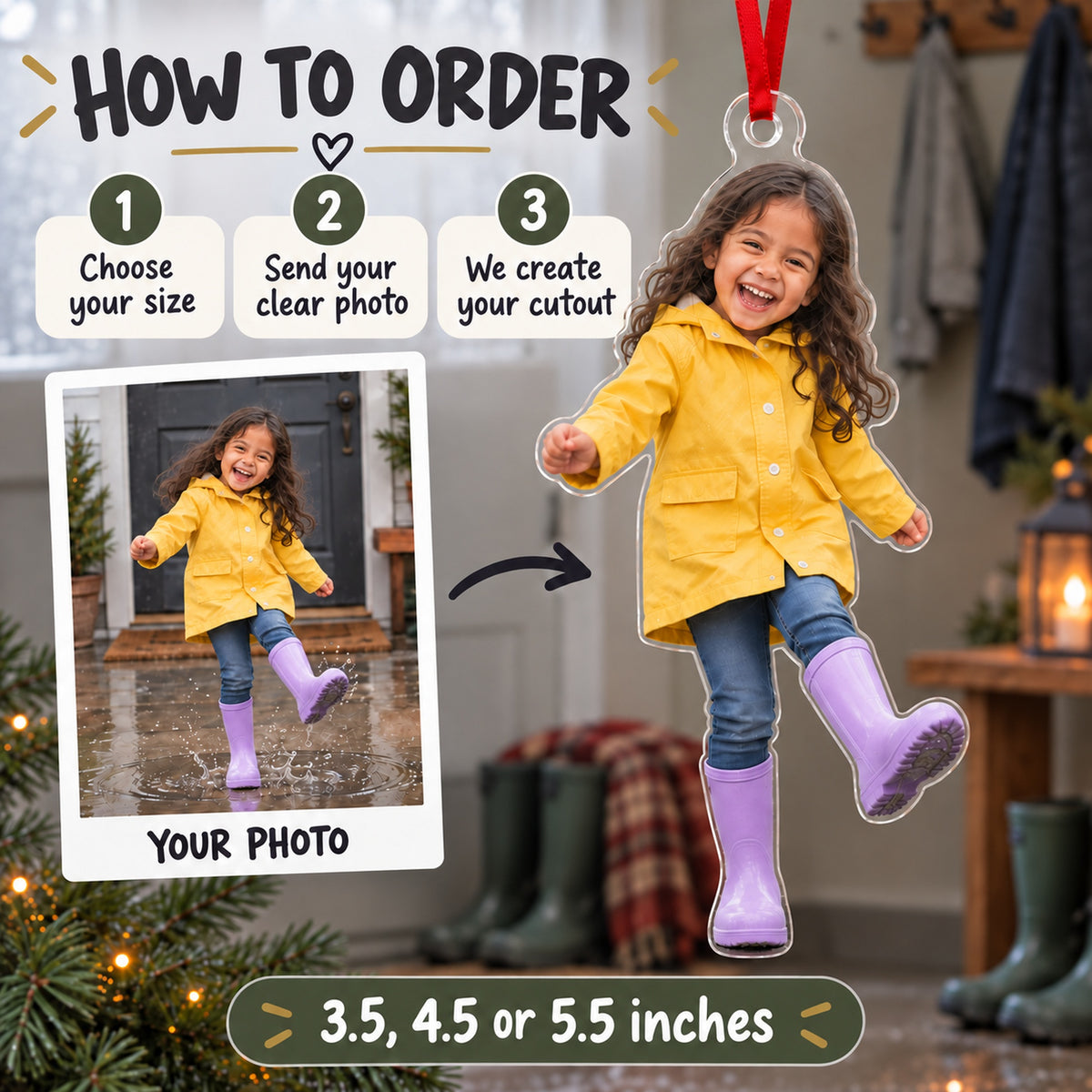 Custom Photo Rain Boot Splash Acrylic Ornament — How to order