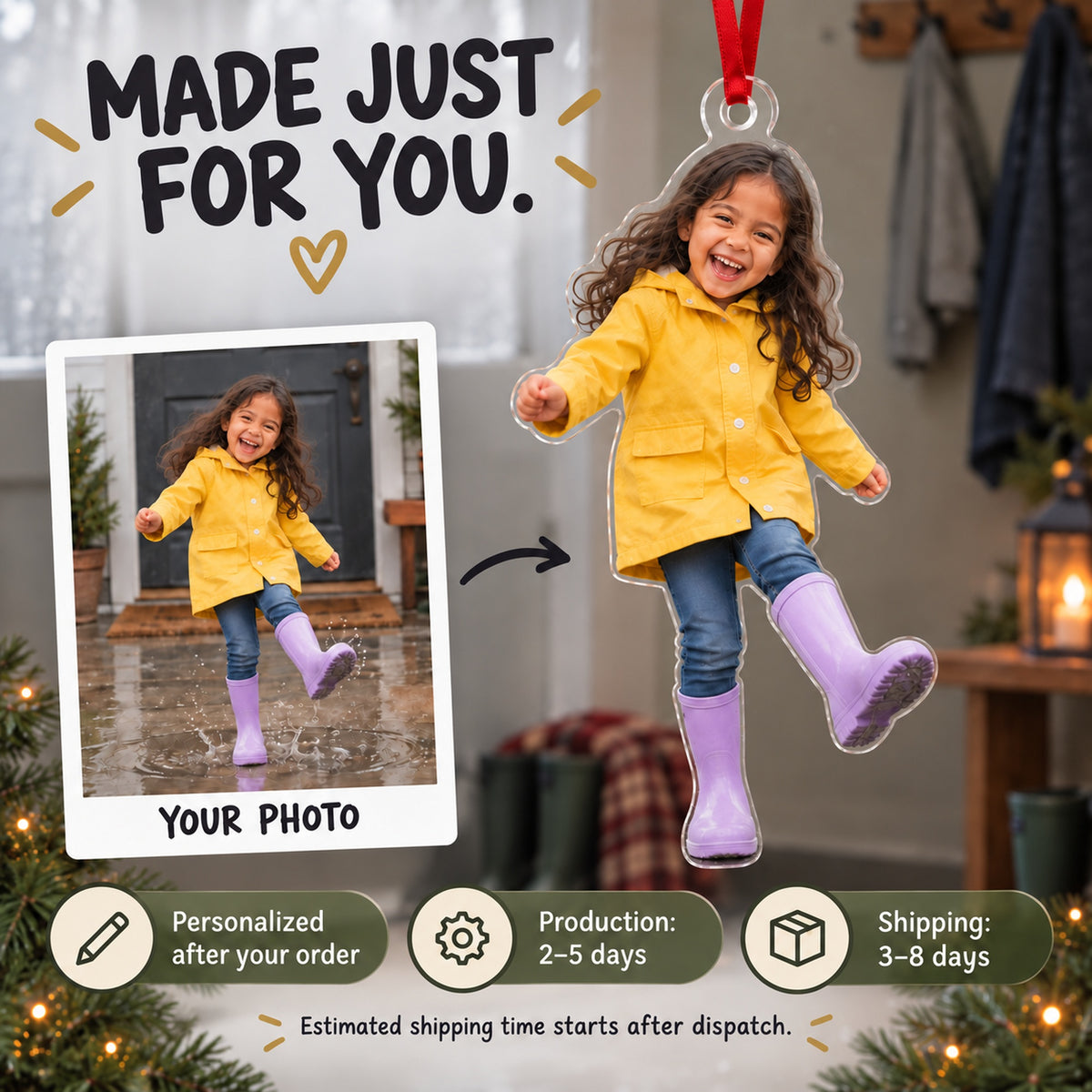 Custom Photo Rain Boot Splash Acrylic Ornament — Production and delivery