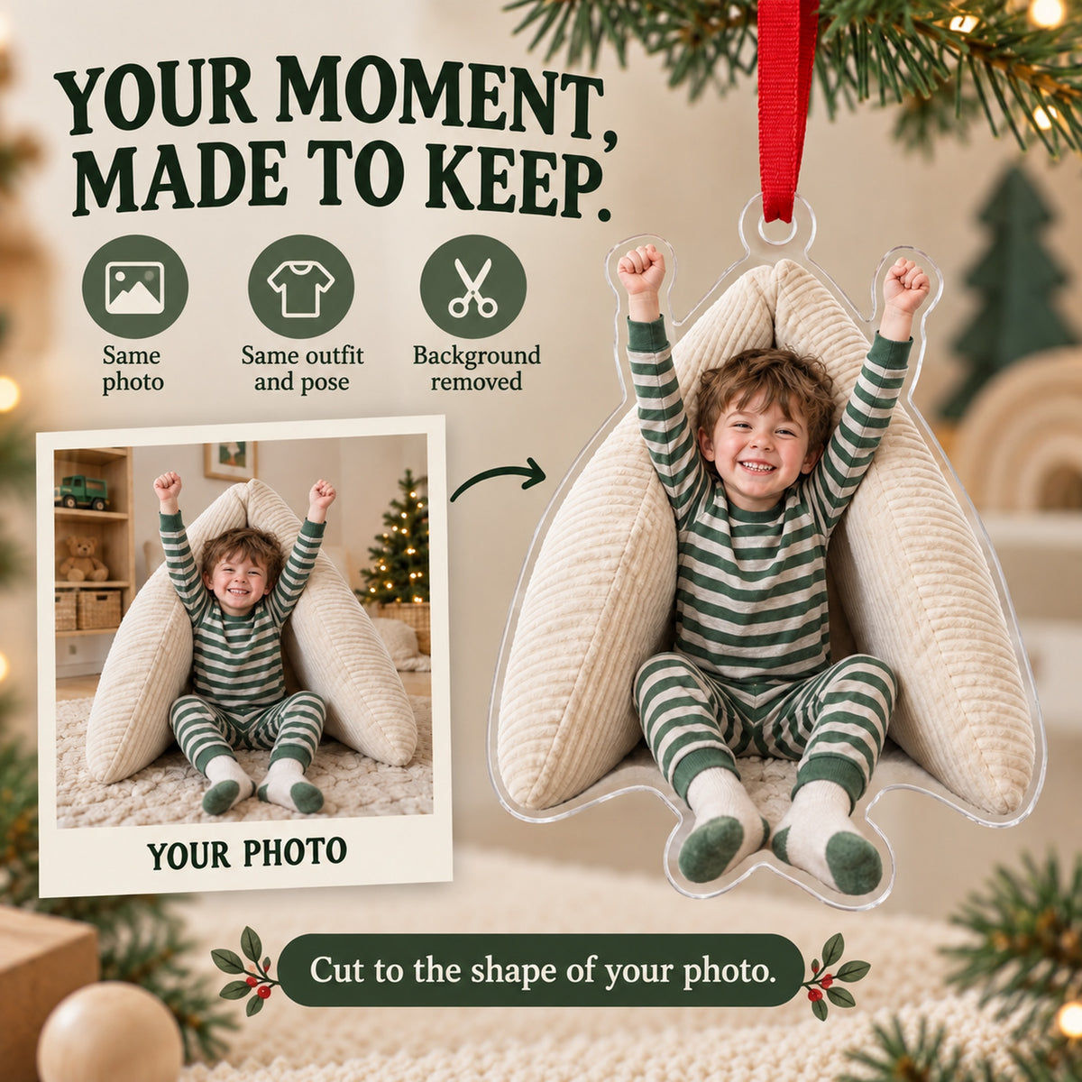 Custom Photo Pillow Fort Captain Acrylic Ornament — Personalization example