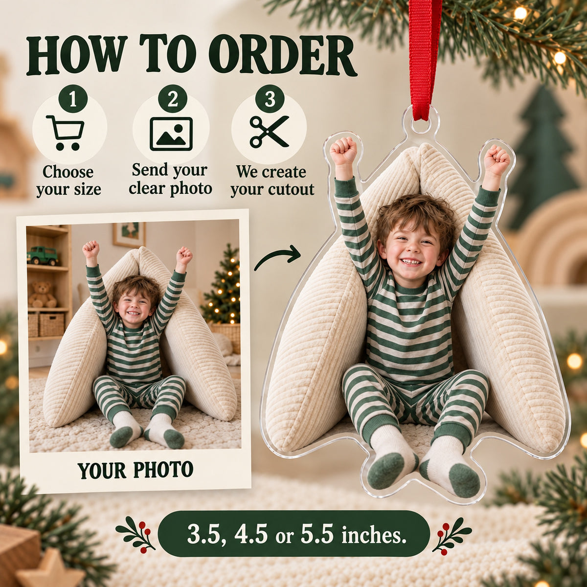 Custom Photo Pillow Fort Captain Acrylic Ornament — How to order