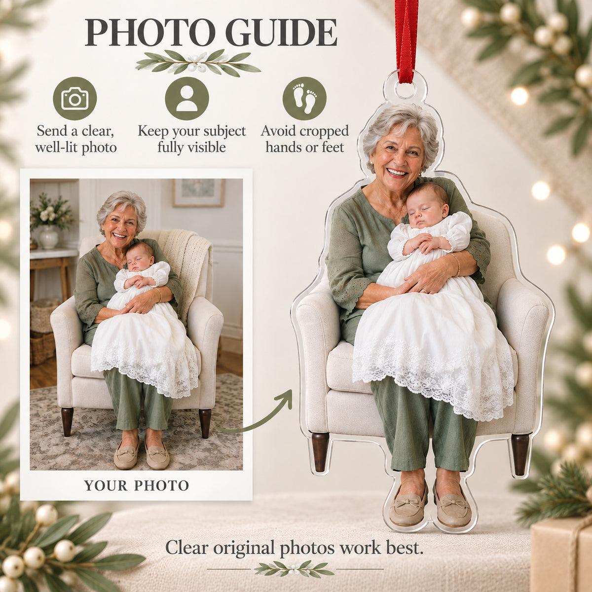 Custom Photo Baptism Sleepy Smile Acrylic Ornament — Personalization guide