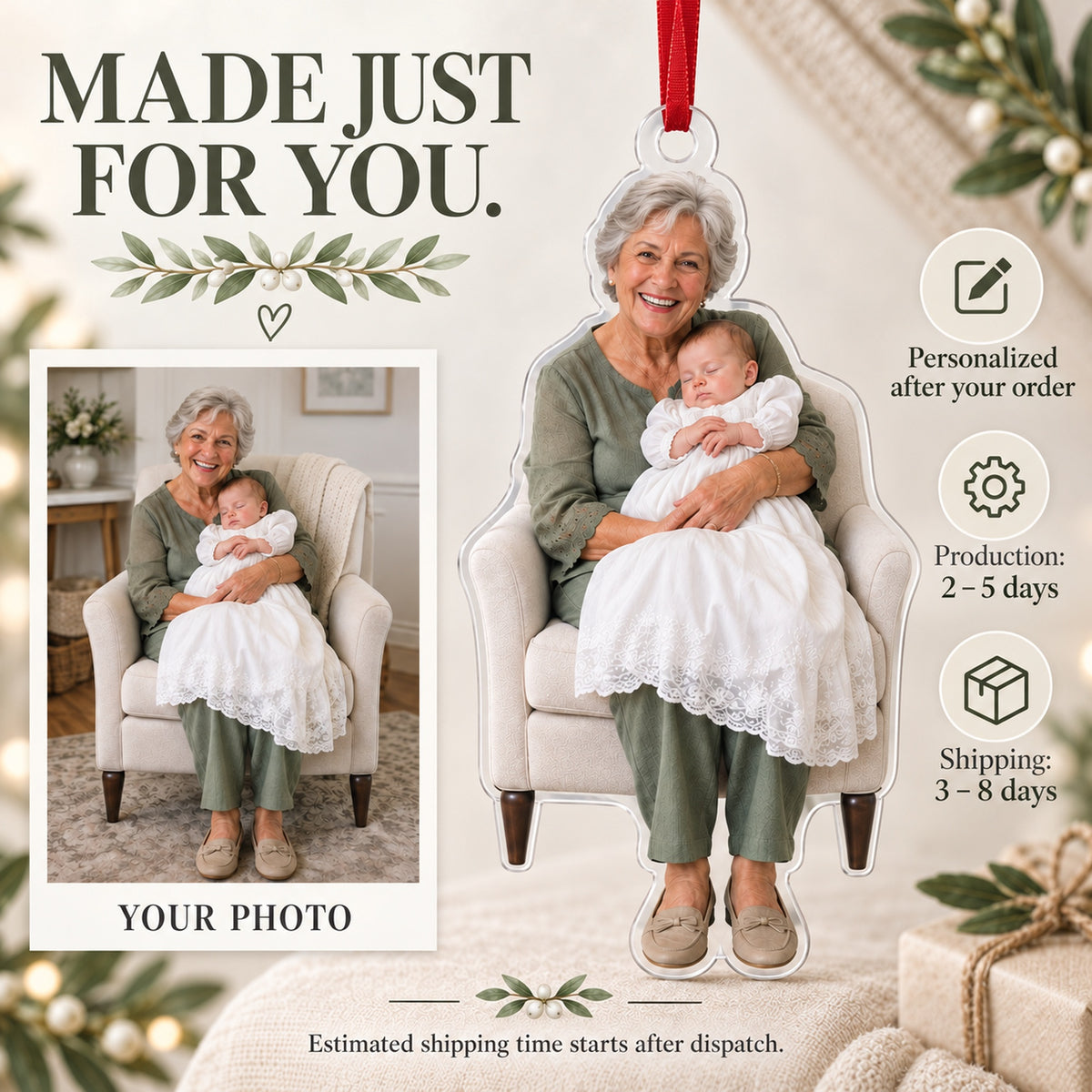 Custom Photo Baptism Sleepy Smile Acrylic Ornament — Production and delivery