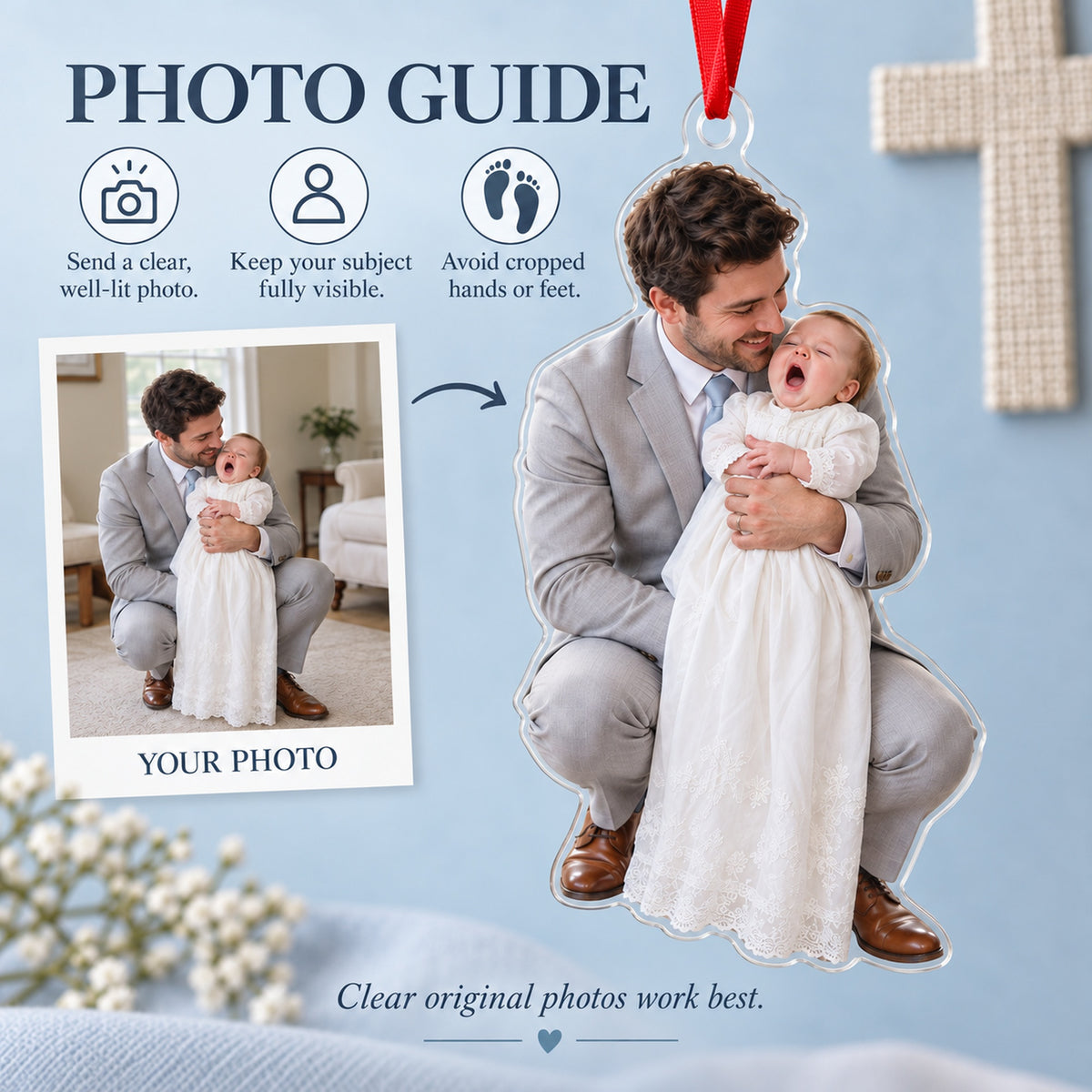 Custom Photo Christening Big Yawn Acrylic Ornament — Personalization guide