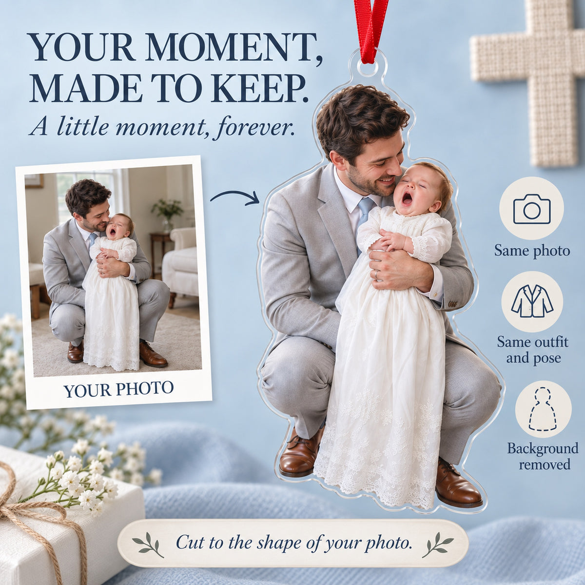 Custom Photo Christening Big Yawn Acrylic Ornament — Personalization example