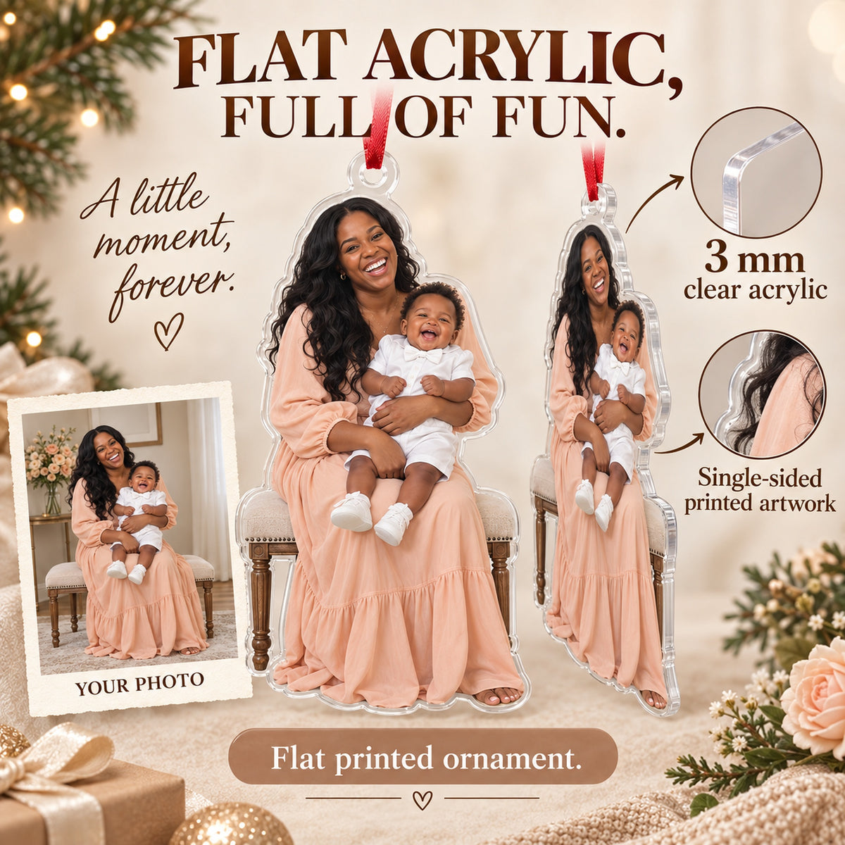 Custom Photo Godparents Giggle Acrylic Ornament — Flat acrylic material