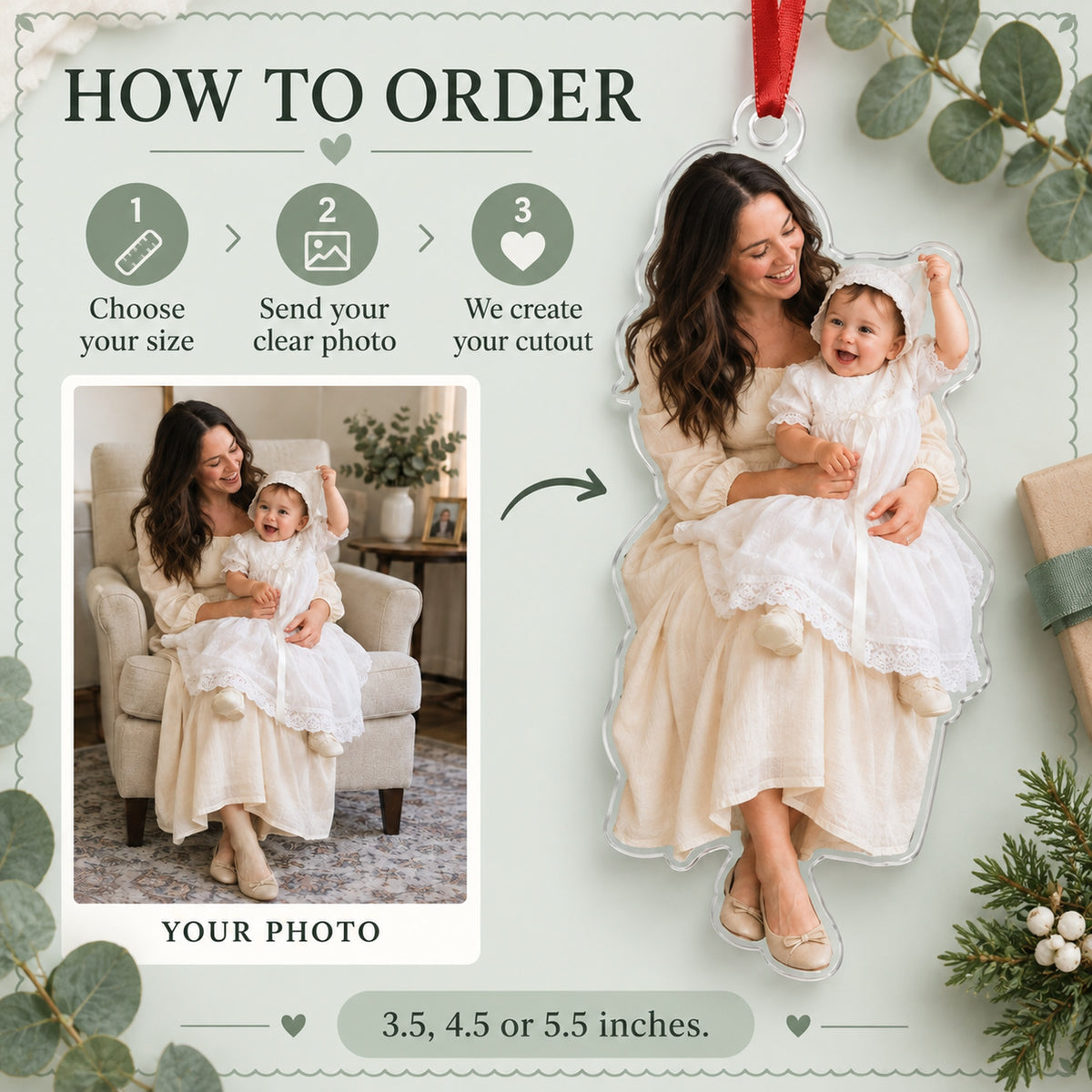 Custom Photo Baptism Bonnet Wiggle Acrylic Ornament — How to order