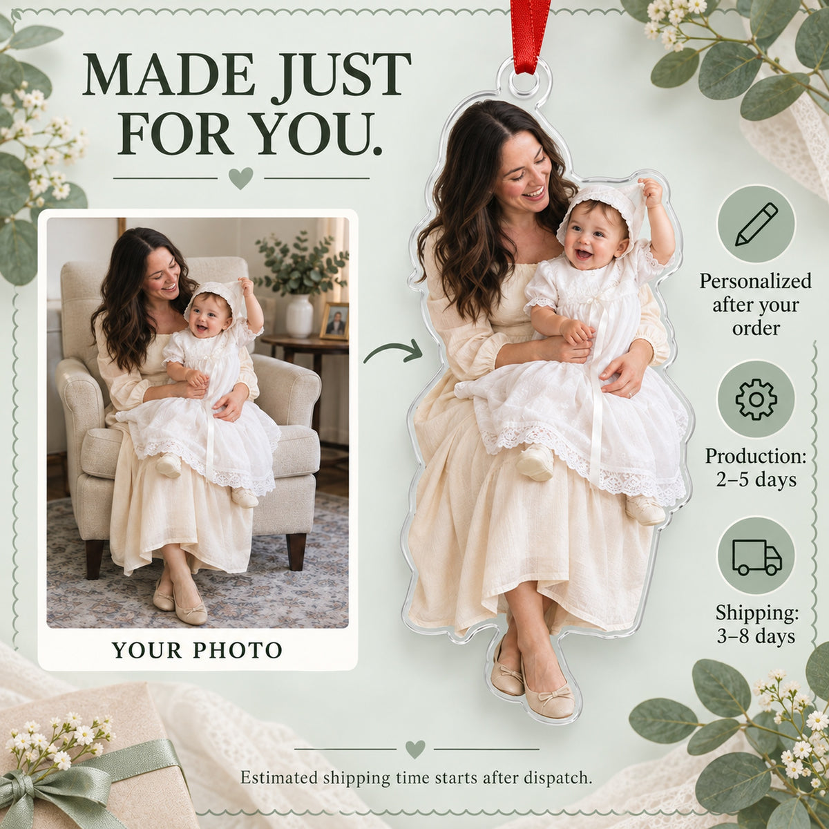 Custom Photo Baptism Bonnet Wiggle Acrylic Ornament — Production and delivery