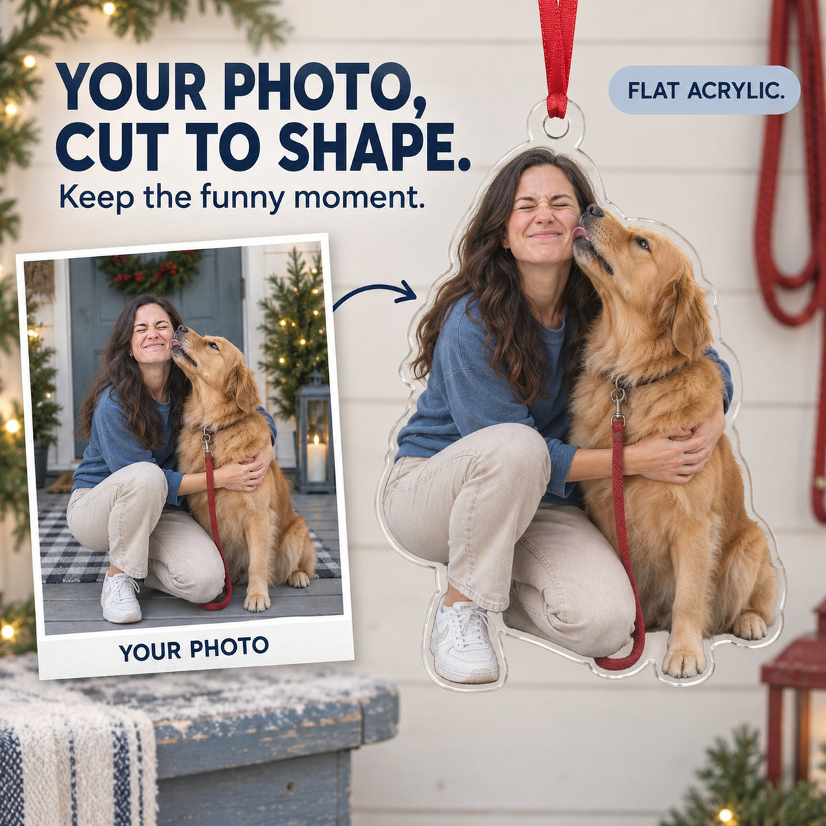 Custom Photo Dog Kiss Photobomb Acrylic Ornament — Main design
