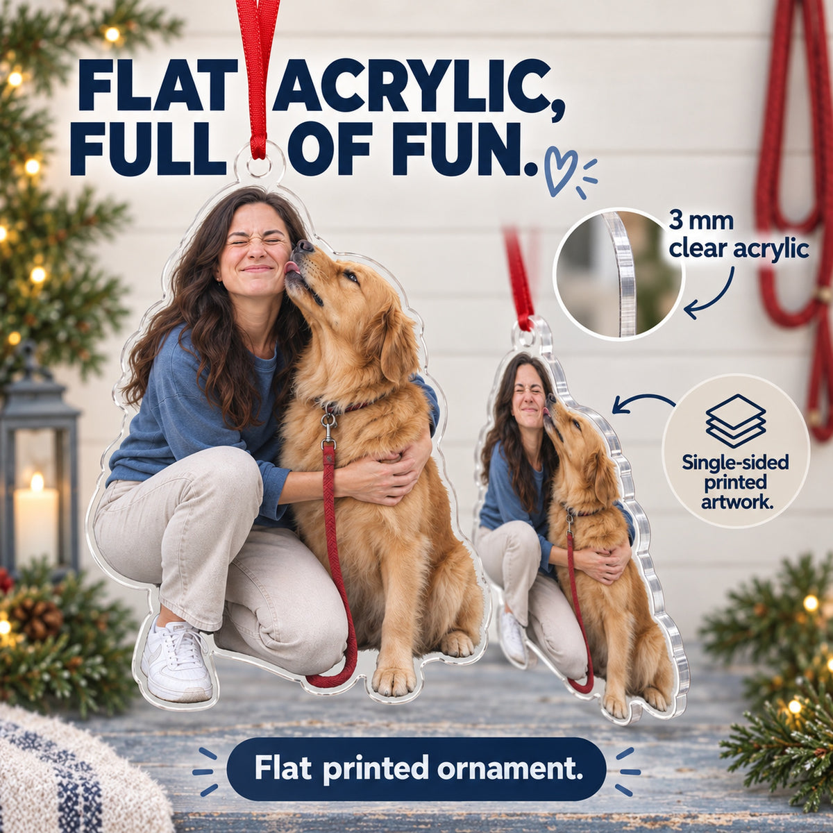 Custom Photo Dog Kiss Photobomb Acrylic Ornament — Flat acrylic material