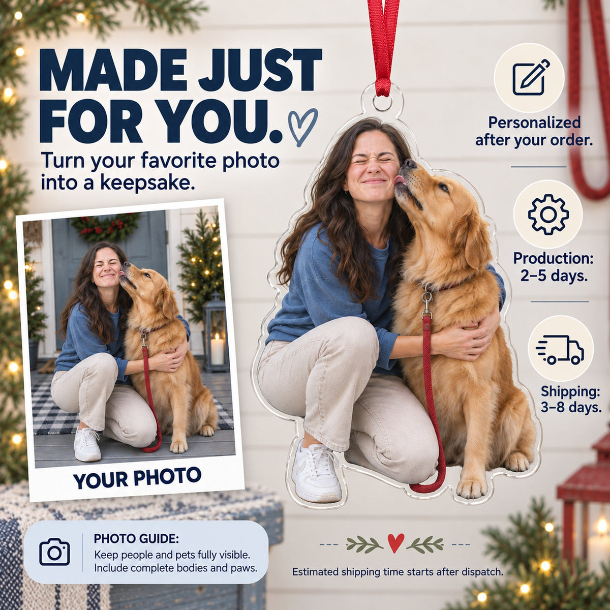 Custom Photo Dog Kiss Photobomb Acrylic Ornament — Production and delivery