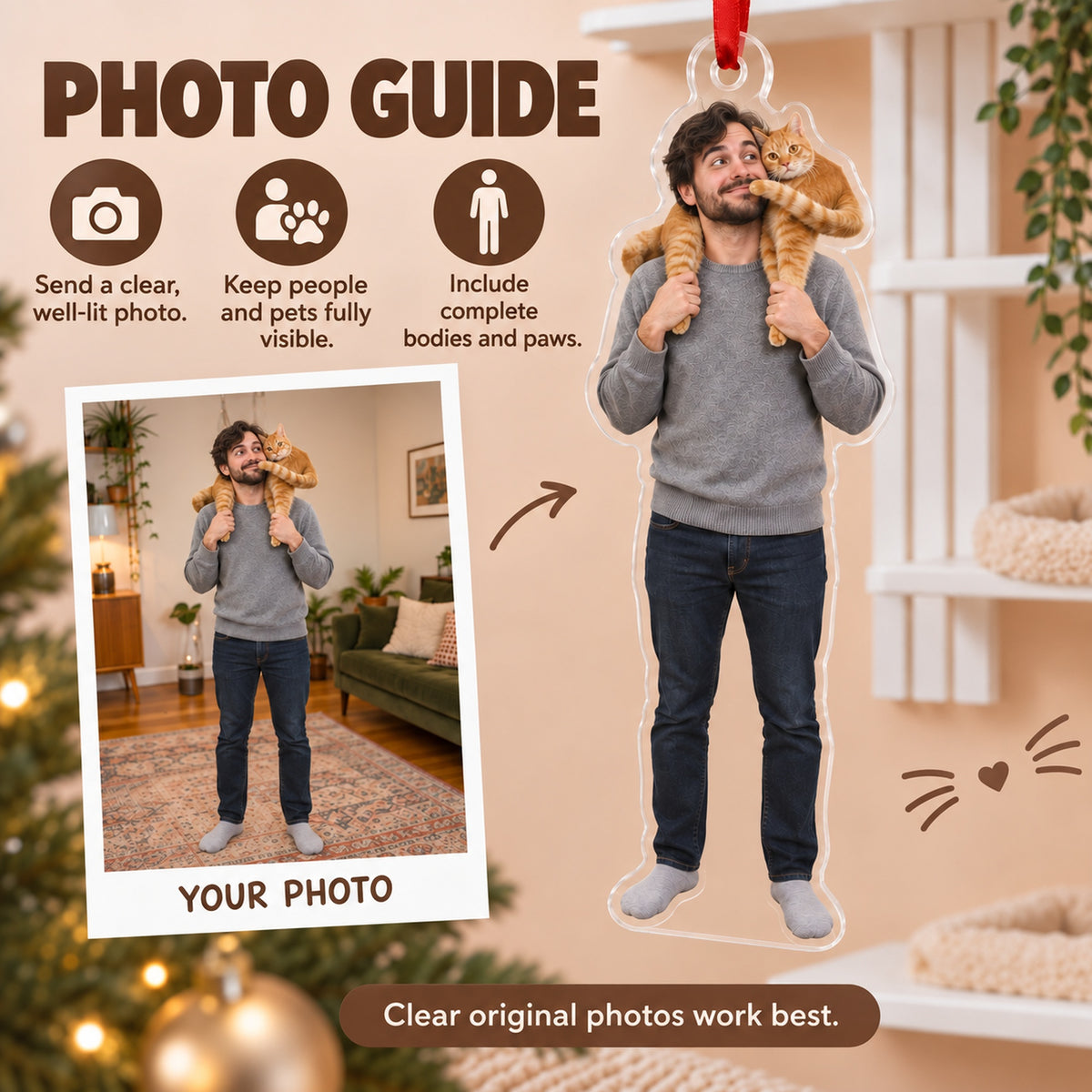 Custom Photo Cat on the Shoulder Acrylic Ornament — Personalization guide