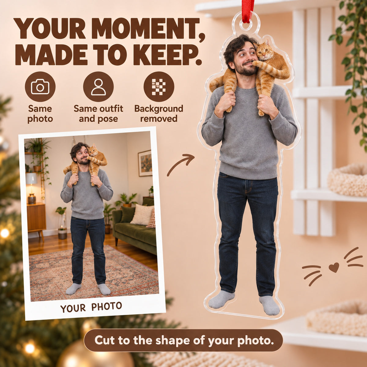 Custom Photo Cat on the Shoulder Acrylic Ornament — Personalization example