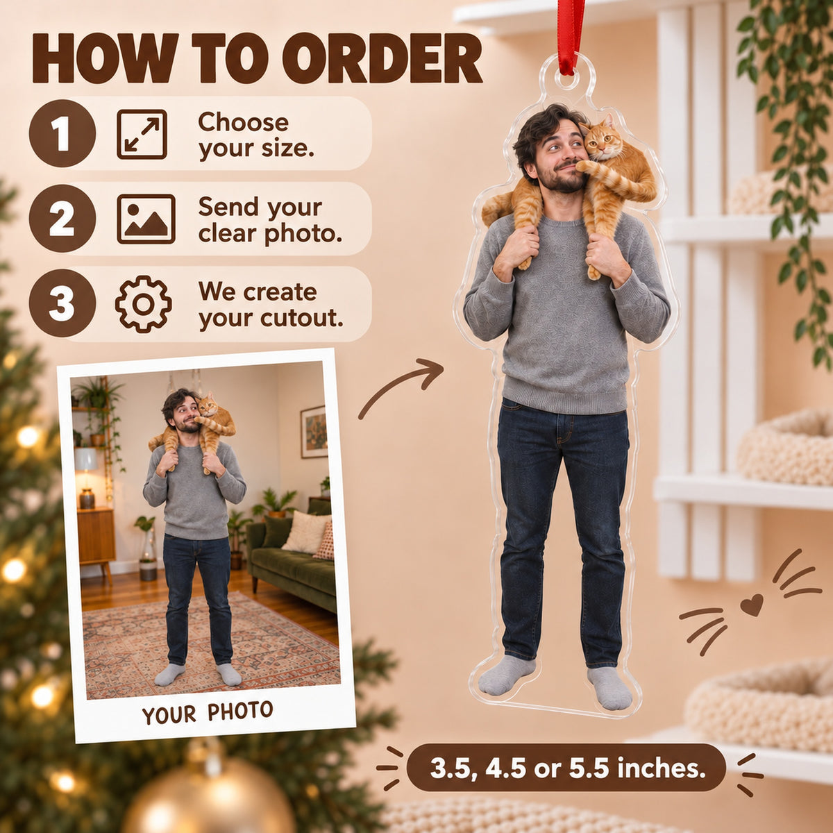 Custom Photo Cat on the Shoulder Acrylic Ornament — How to order