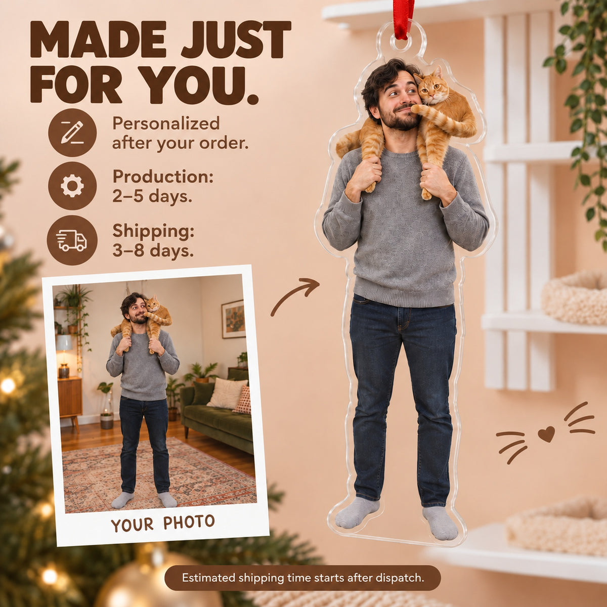 Custom Photo Cat on the Shoulder Acrylic Ornament — Production and delivery