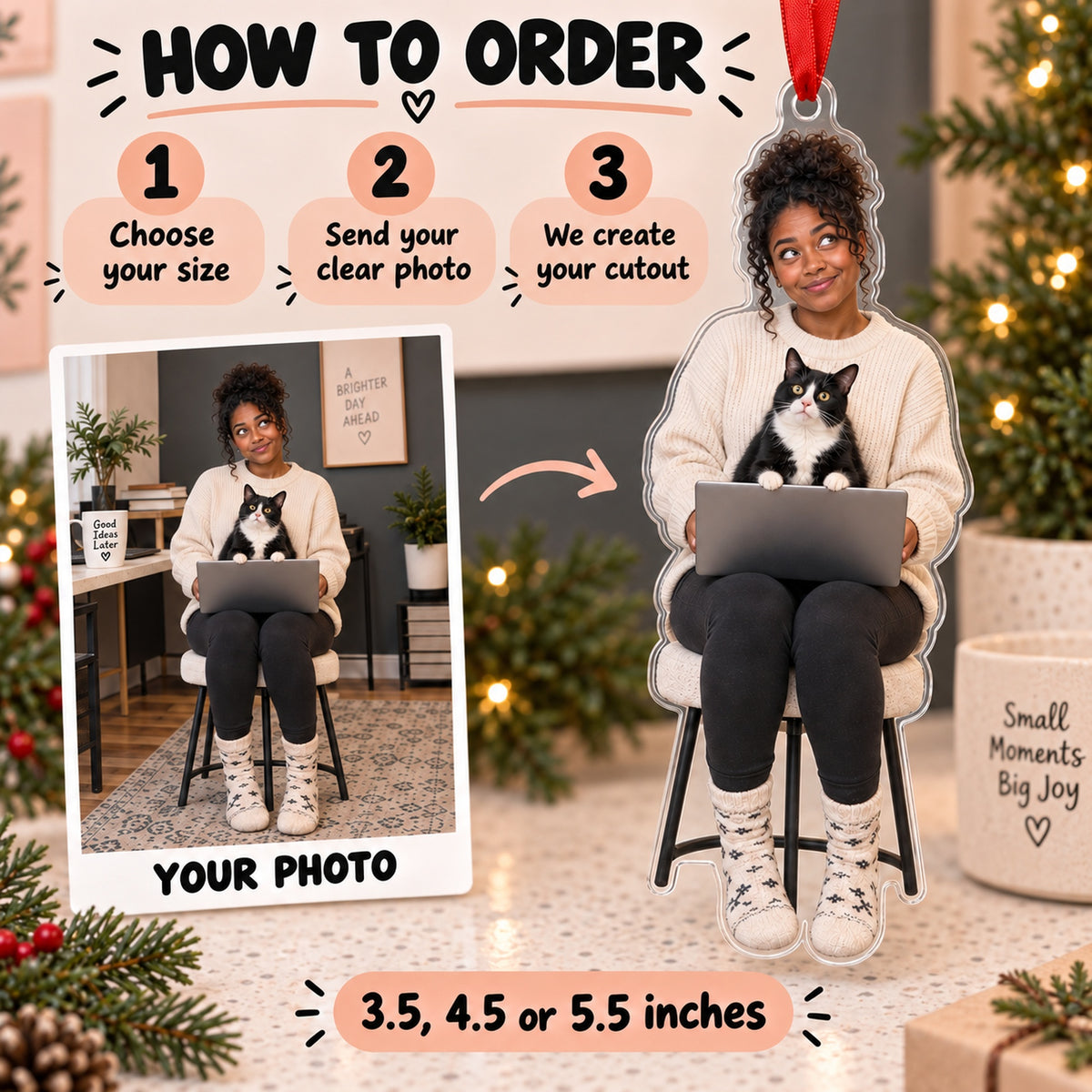 Custom Photo Cat Laptop Supervisor Acrylic Ornament — How to order