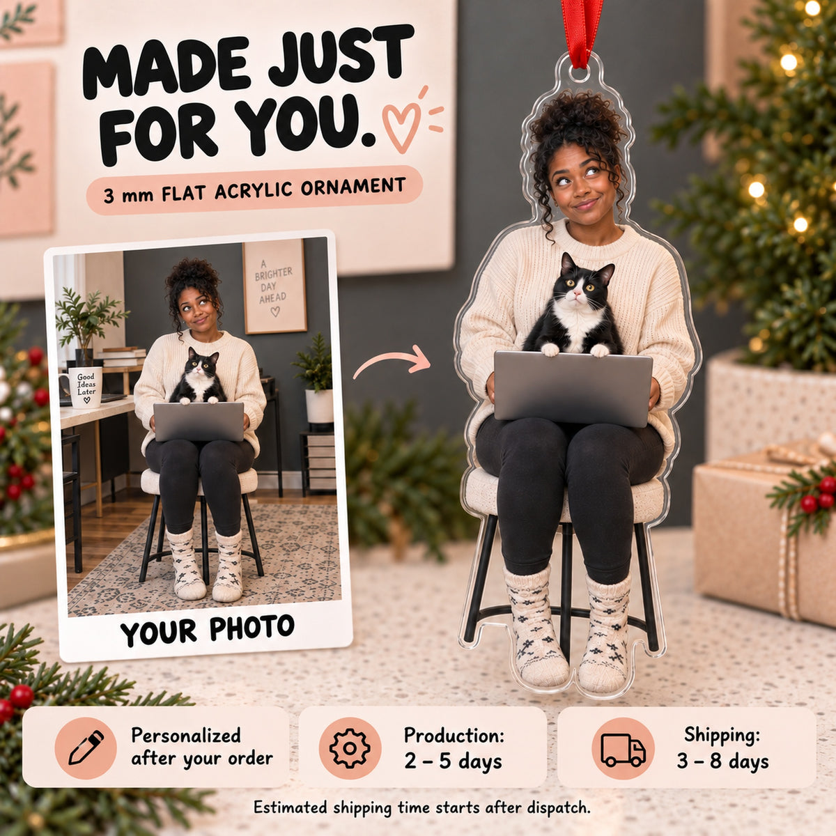 Custom Photo Cat Laptop Supervisor Acrylic Ornament — Production and delivery