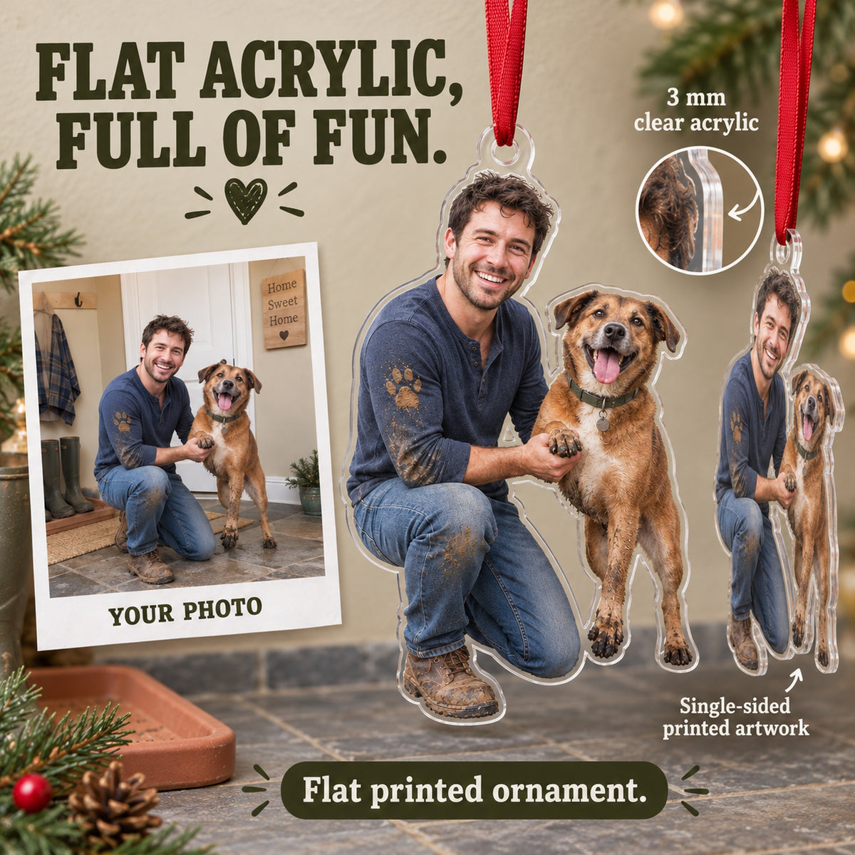 Custom Photo Dog Muddy Paws Acrylic Ornament — Flat acrylic material