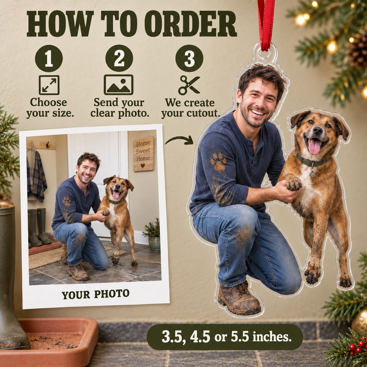 Custom Photo Dog Muddy Paws Acrylic Ornament — How to order