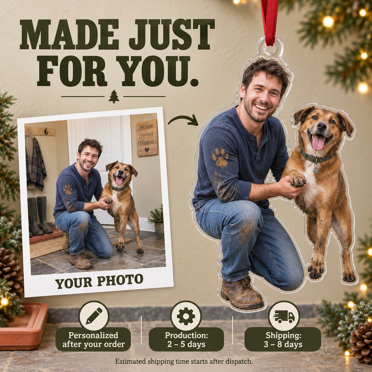 Custom Photo Dog Muddy Paws Acrylic Ornament — Production and delivery