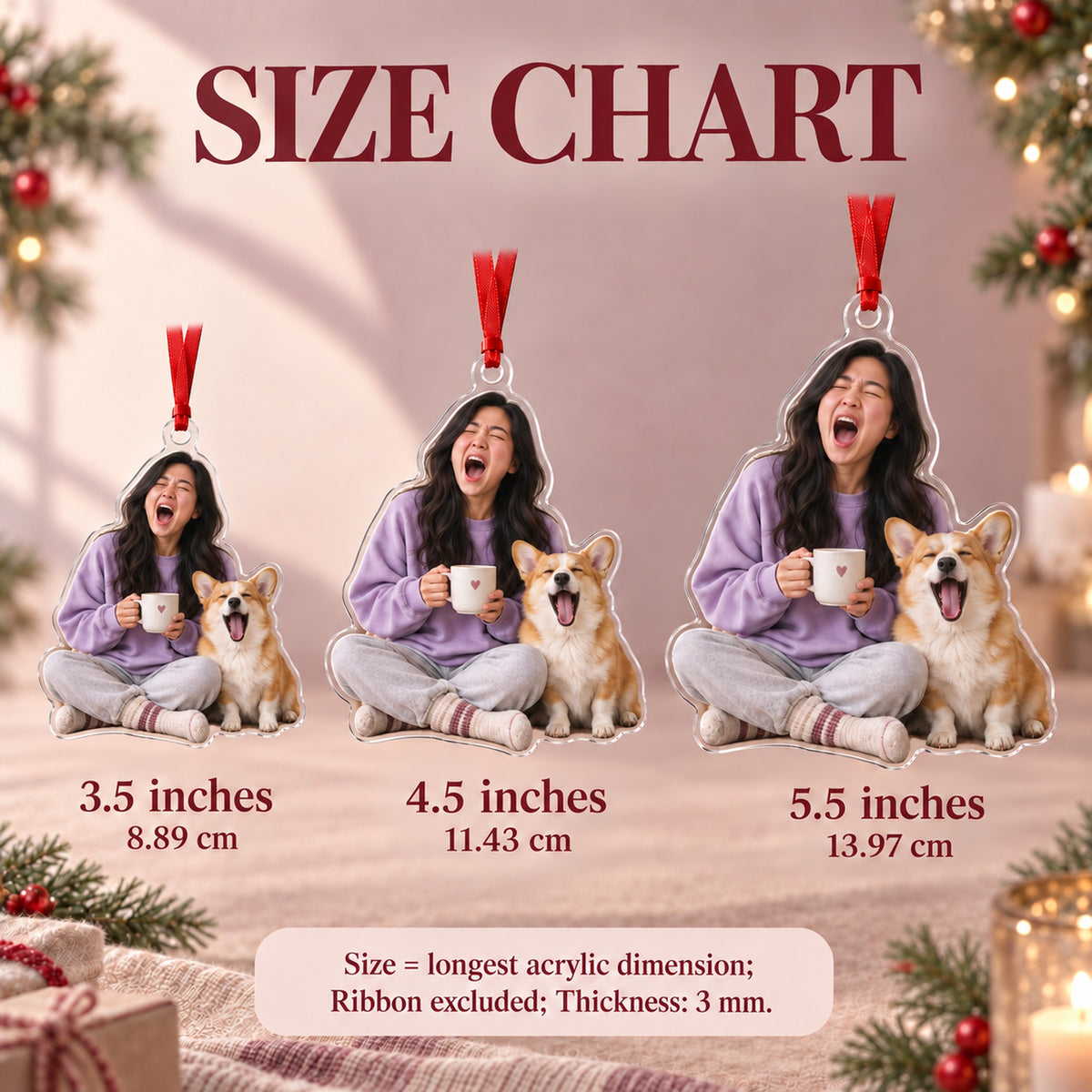 Custom Photo Matching Yawns Acrylic Ornament — Size guide